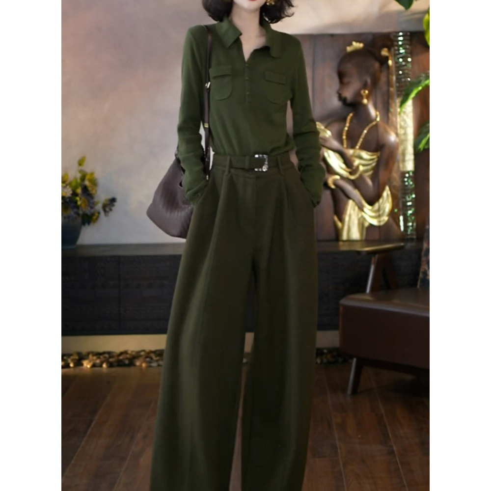 时尚休闲显瘦裤套装女2026冬季新款简约百搭POLO领针织衫+阔腿裤