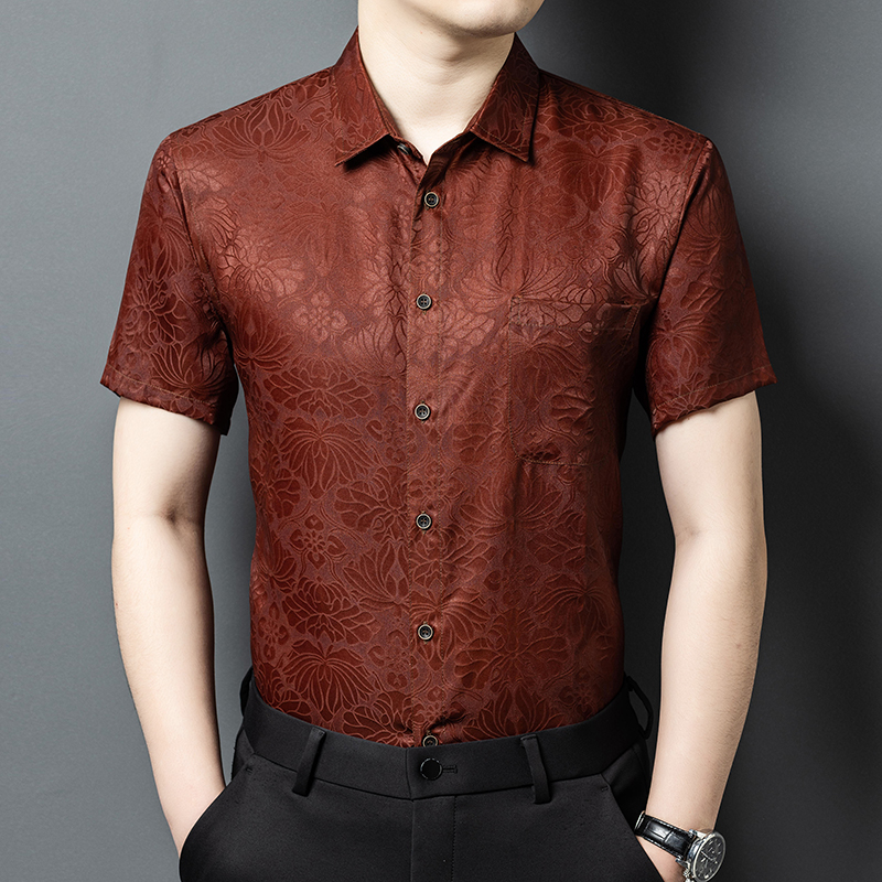 100%桑蚕丝香云纱短袖带口袋衬衫男真丝男士时尚商务休闲潮流衬衣
