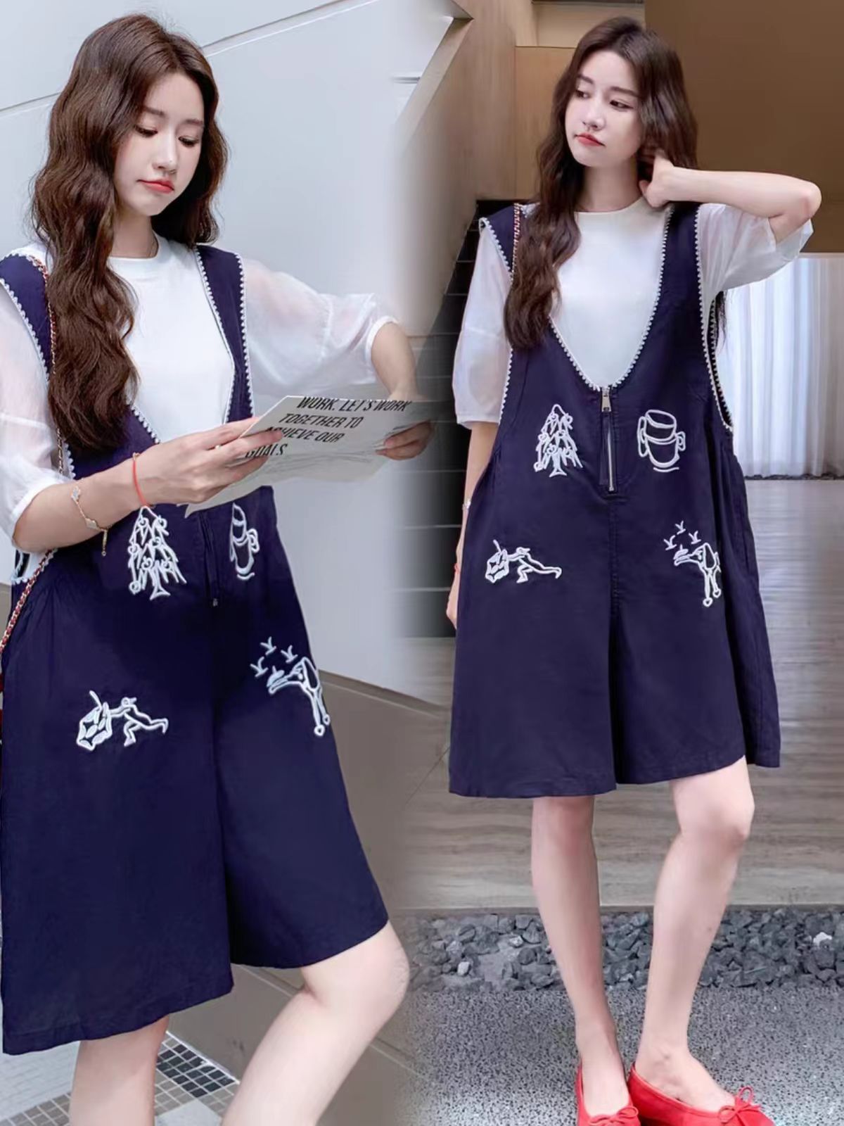 孕妇套装夏装2025新款时尚棉麻刺绣背带裤圆领上衣显瘦两件套装潮