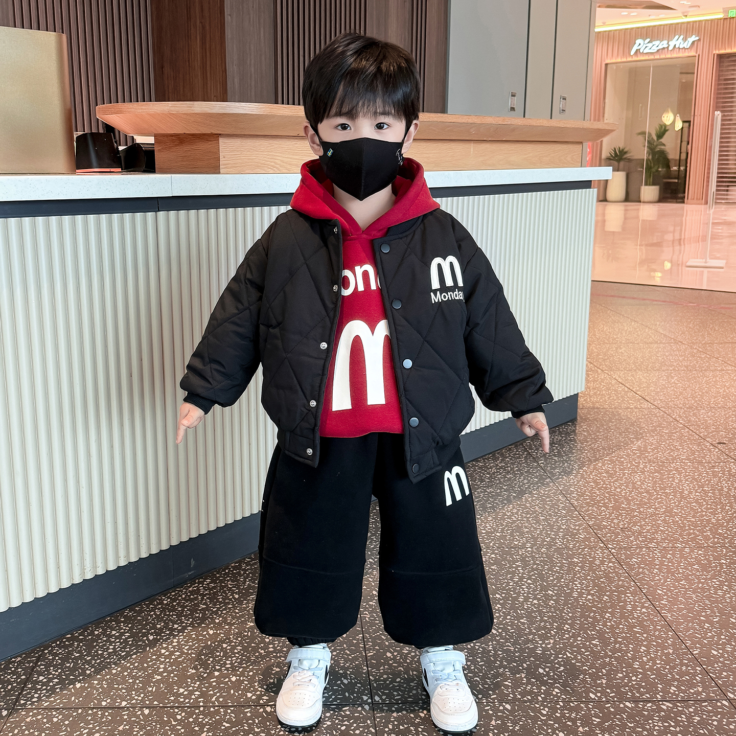 全棉时代男童加绒套装冬装新款痞帅儿童加厚卫6岁童装男童套装