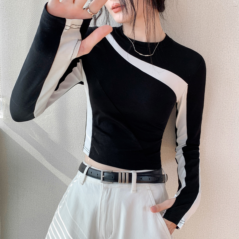 莱赛尔天丝柔感透气圆领指套长袖T恤女2025春季新款撞色修身上衣