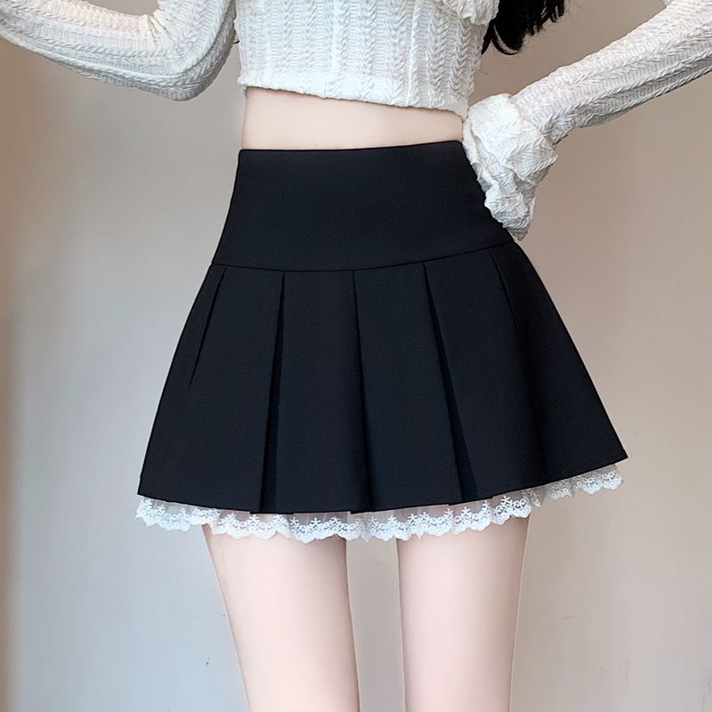 黑色高腰百褶裙韩版时尚蕾丝拼接防走光短裙春夏新款西装A字裙子