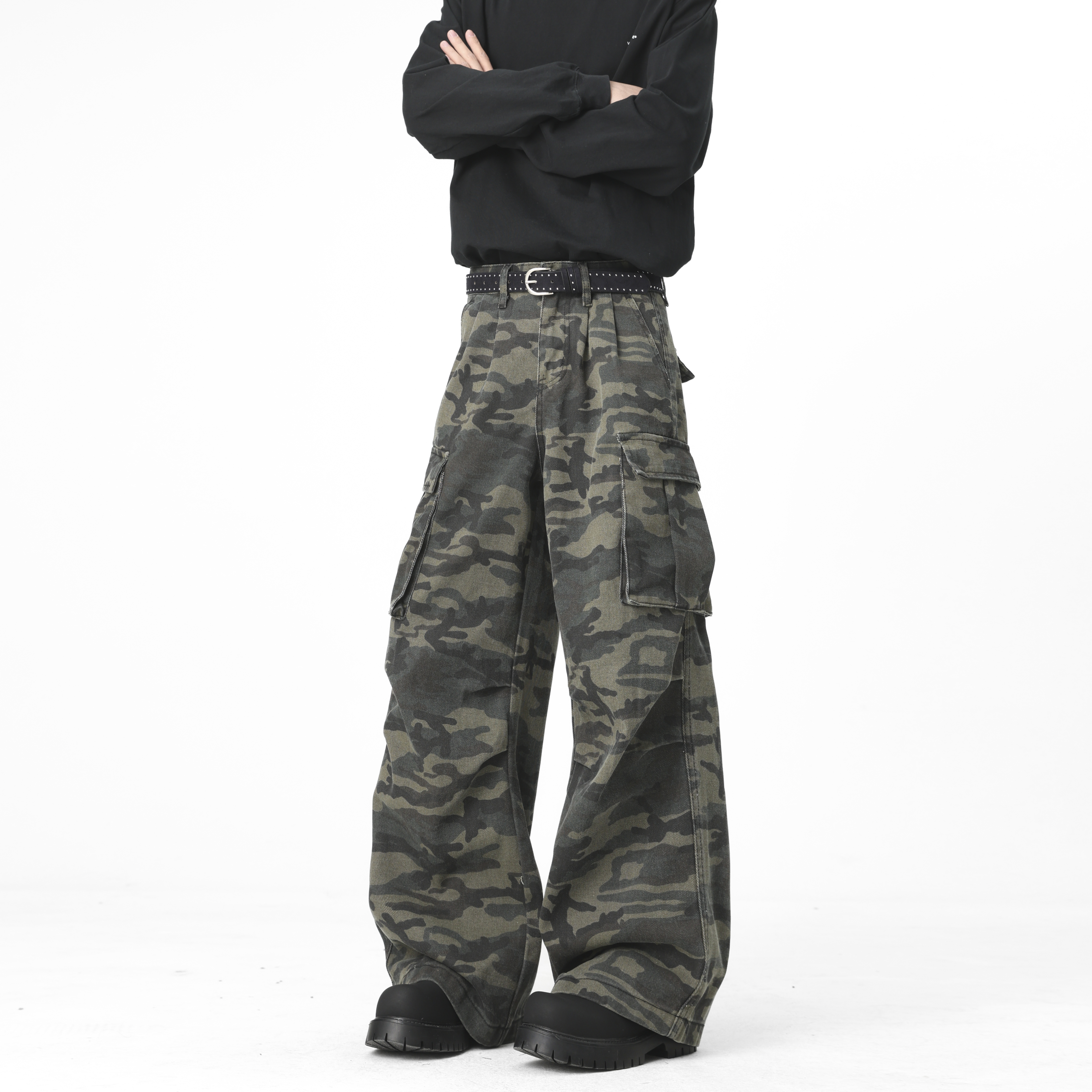 美式高街vibe风褶皱加绒迷彩裤男秋冬款复古牛仔裤宽松阔腿微喇裤