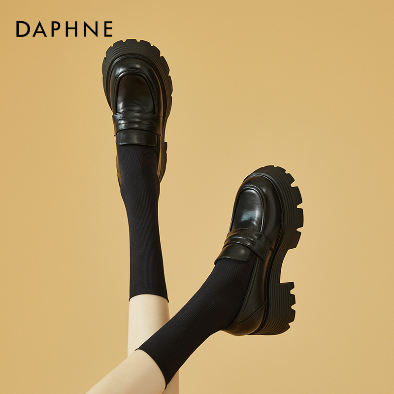 达芙妮真皮乐福鞋女2025春秋新款粗跟小皮鞋厚底英伦风小个子单鞋