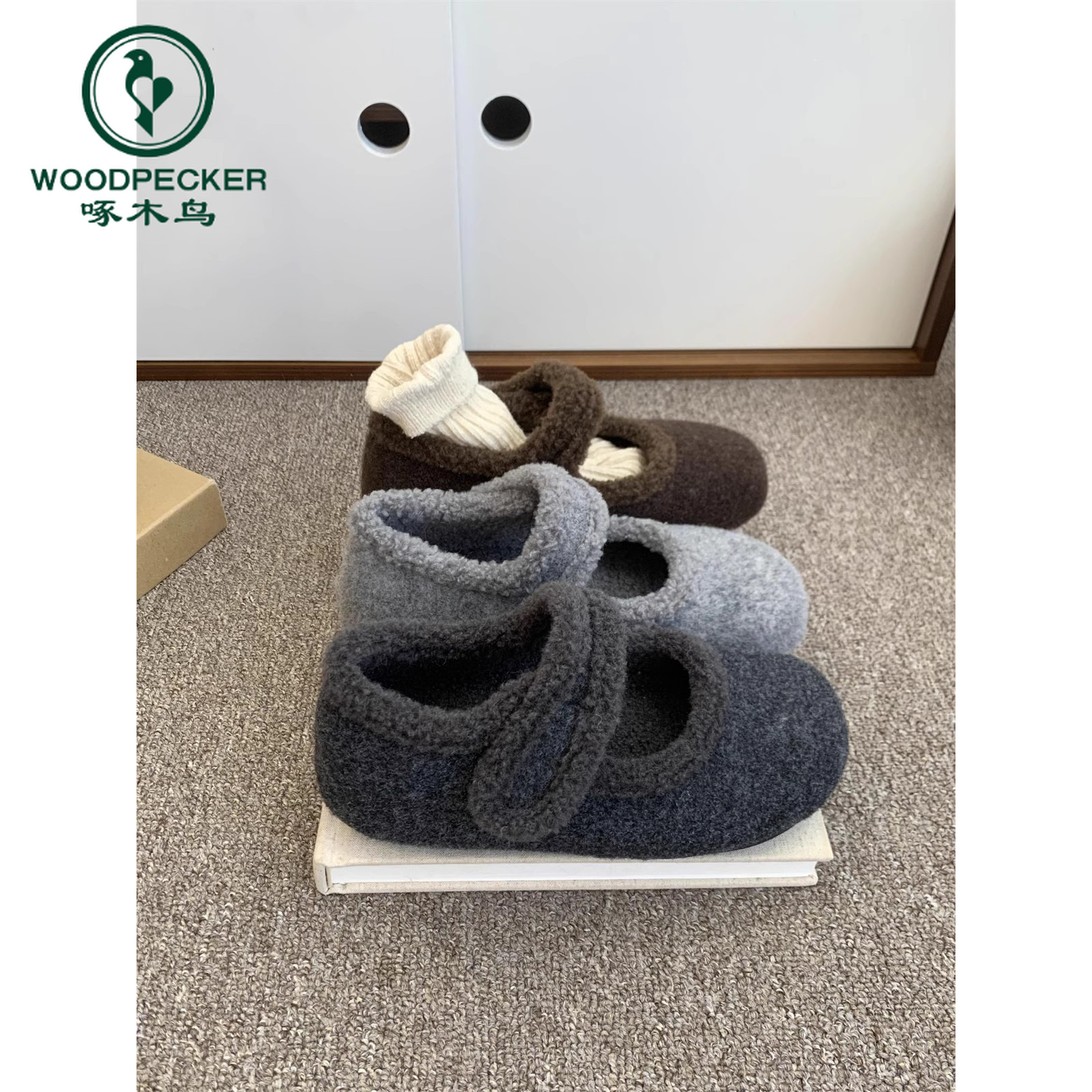 啄木鸟内增高厚底勃肯鞋女加绒玛丽珍毛毛鞋女冬外穿韩版呢子棉鞋