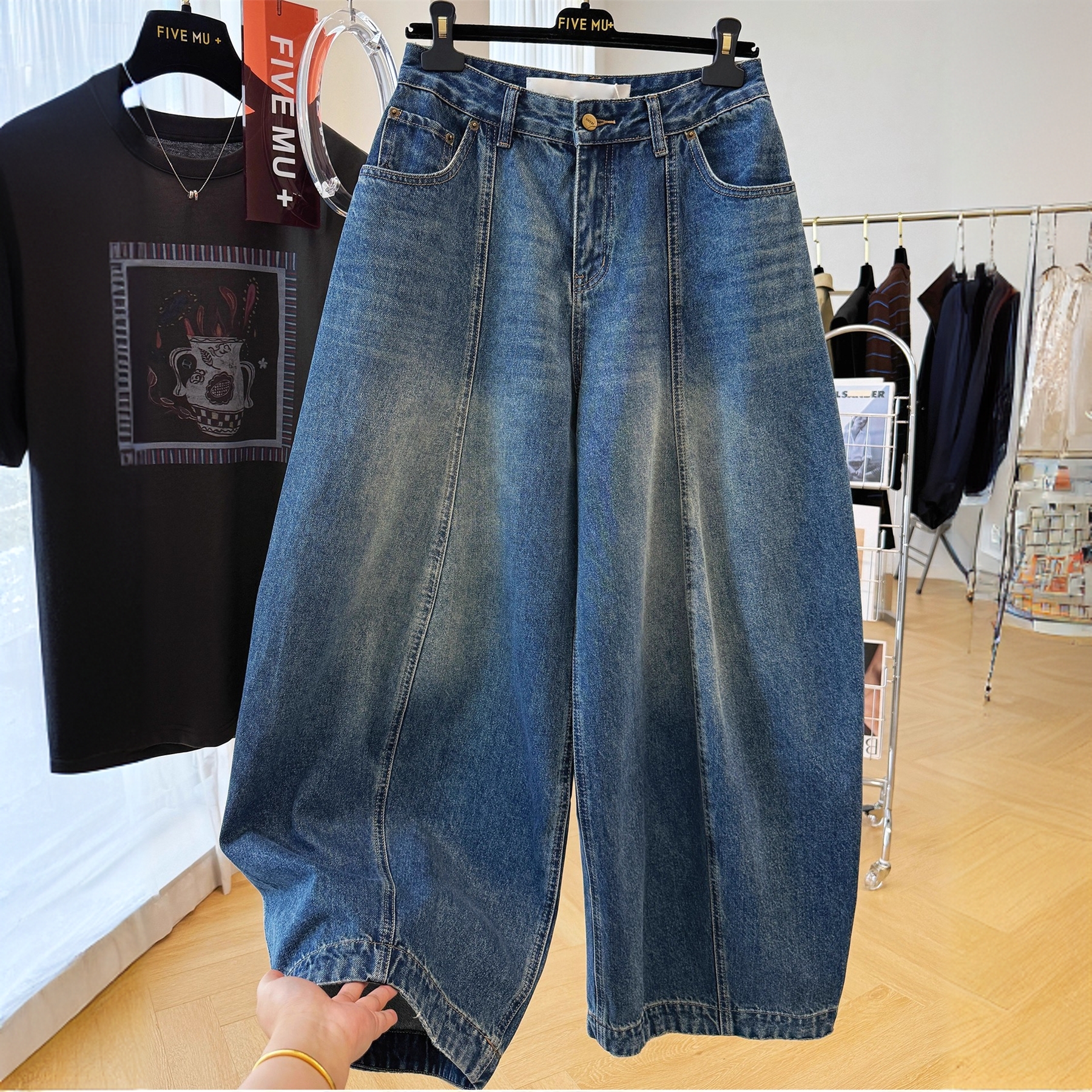 慵懒风松弛感宽松休闲牛仔裤女秋季bf风弯刀裤显瘦老爹裤长裤子潮