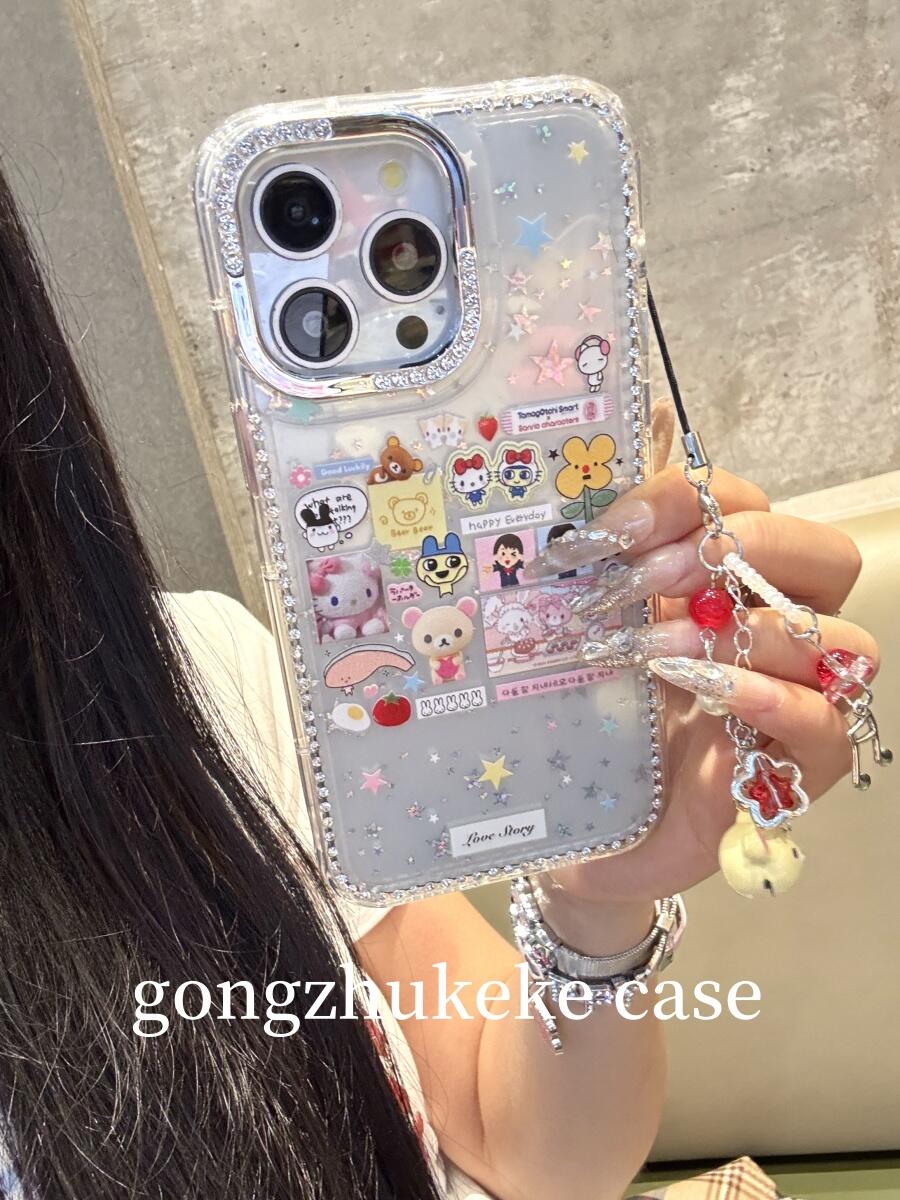 【自带相机保护按键】日韩卡通闪钻框适用苹果15promax手机壳16/14