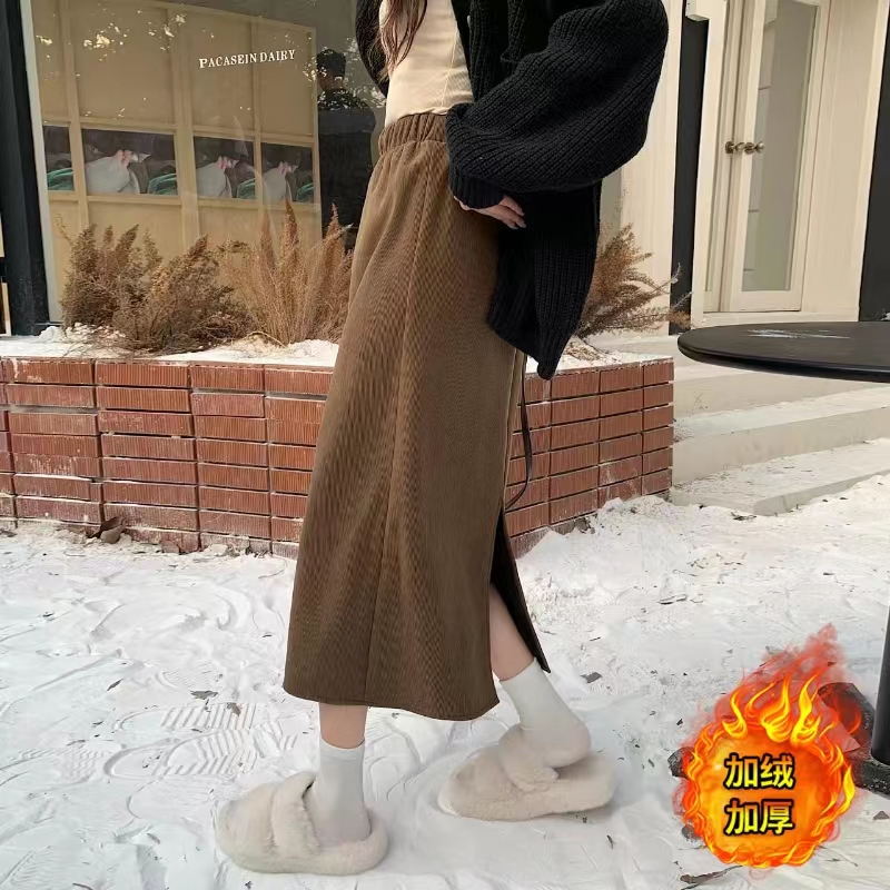 大码秋冬通勤日常百搭半身裙加绒高腰开叉显瘦中长款A字裙7618