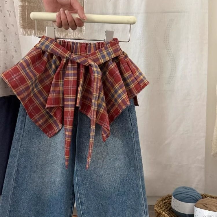 女童裤子2025新款洋气小女孩超好看复古红色格纹系带屁帘牛仔裙裤
