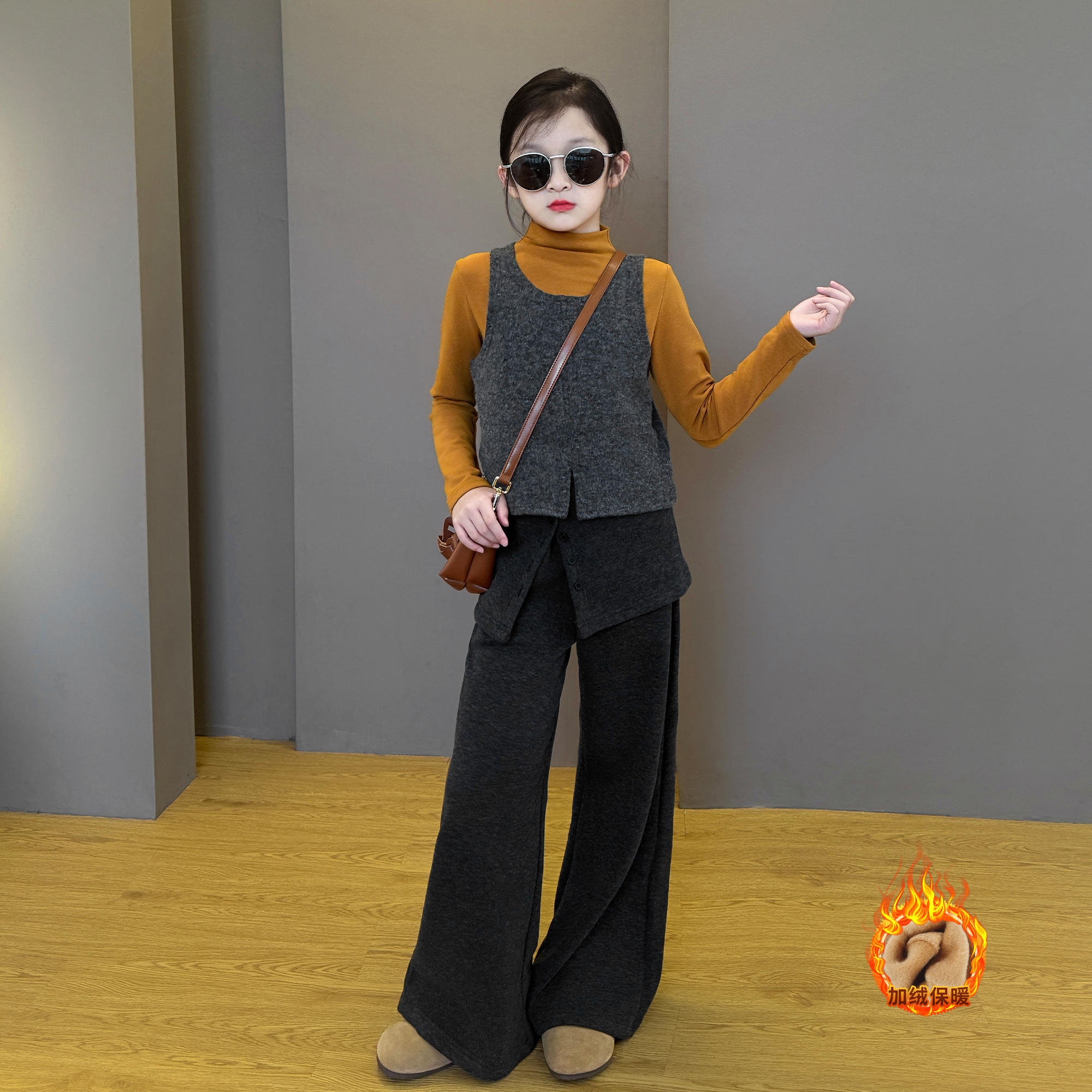 女童2025新款儿童秋冬季韩版时尚超好看甜美打底加绒阔腿裤套装潮