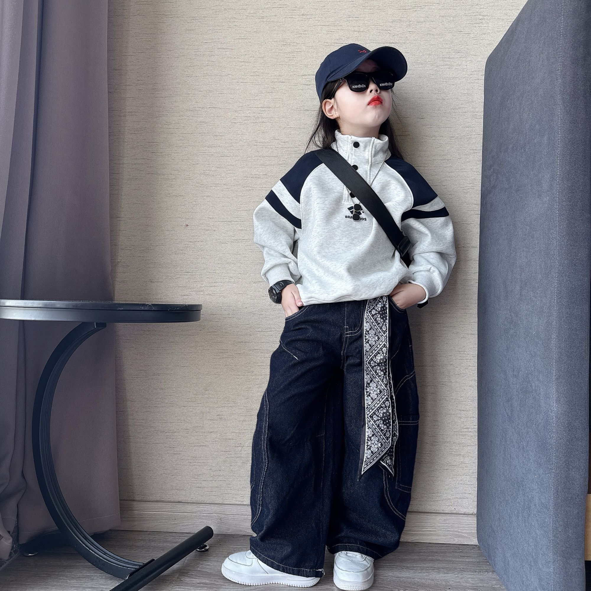 男女童春秋季运动时尚立领卫衣中大童潮酷休闲牛仔工装裤老爹裤潮