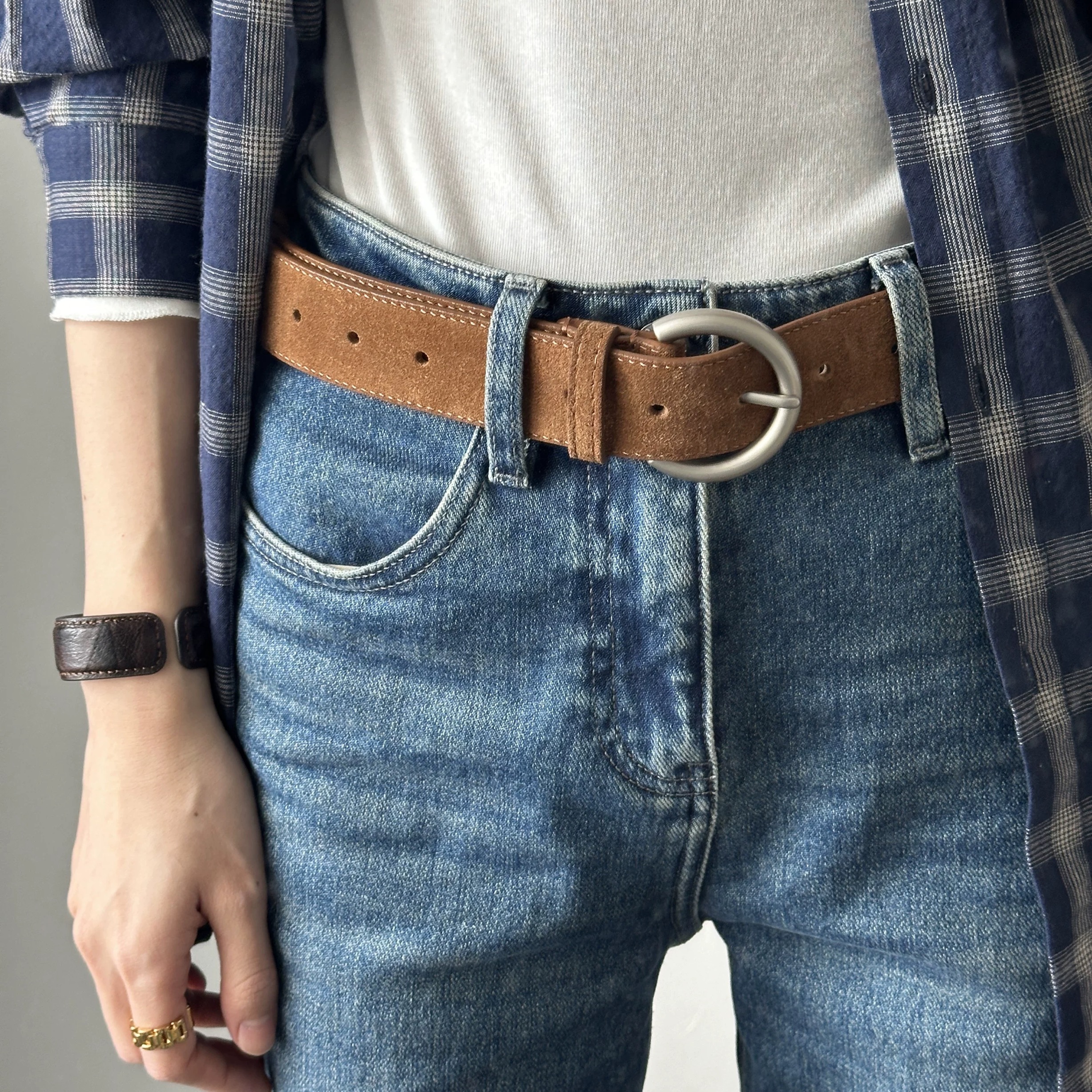 皮带女简约宽麂皮绒磨砂时尚百搭设计感小众休闲棕色配牛仔裤腰带