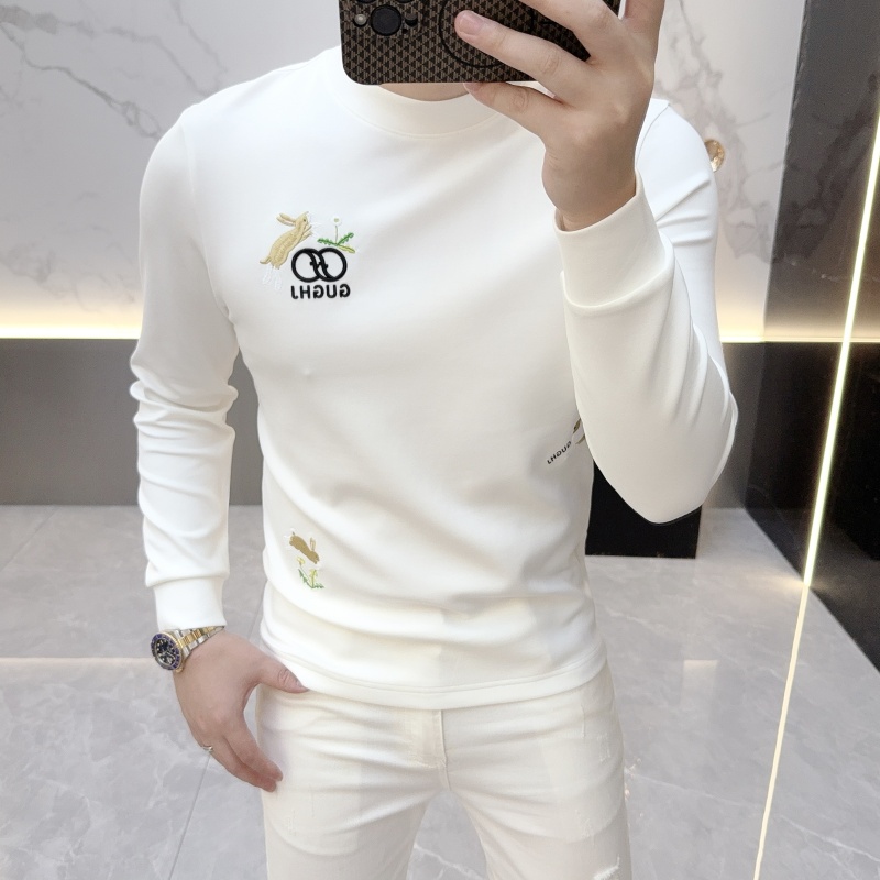 2025秋冬季新款简约欧货重工刺绣圆领百搭打底衫修身休闲长袖男