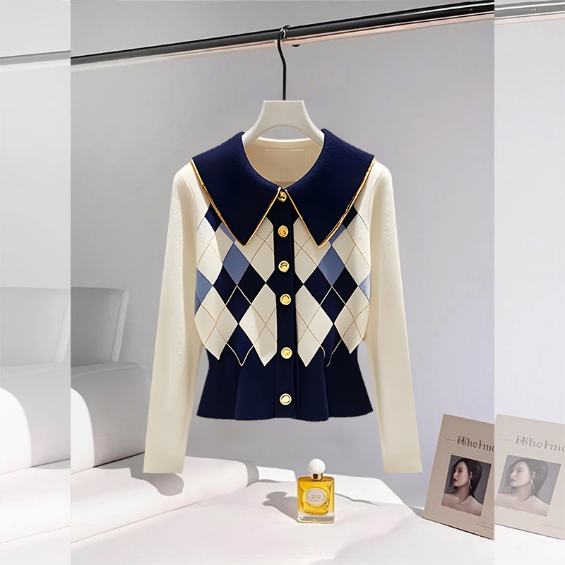 2025秋季新款法式时尚气质长袖菱格设计感小众毛针织衫上衣女爆款
