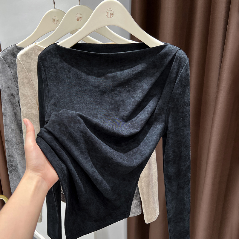 一字领水墨扎染针织打底衫女高级感不规则下摆一字肩薄款长袖t恤