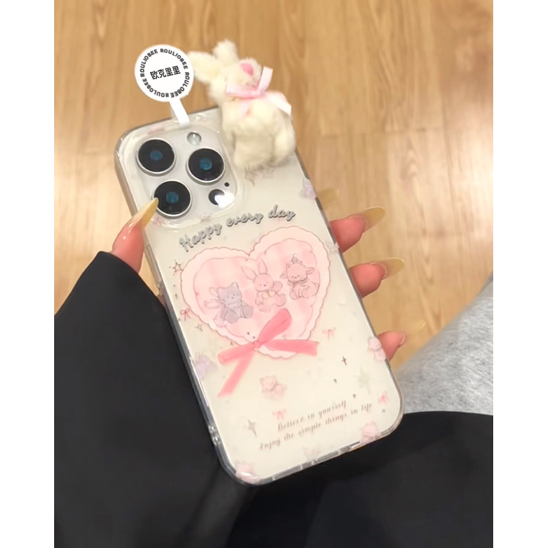 BANCA小熊蝴蝶结毛绒兔子适用苹果16手机壳华为P70vivo小米15