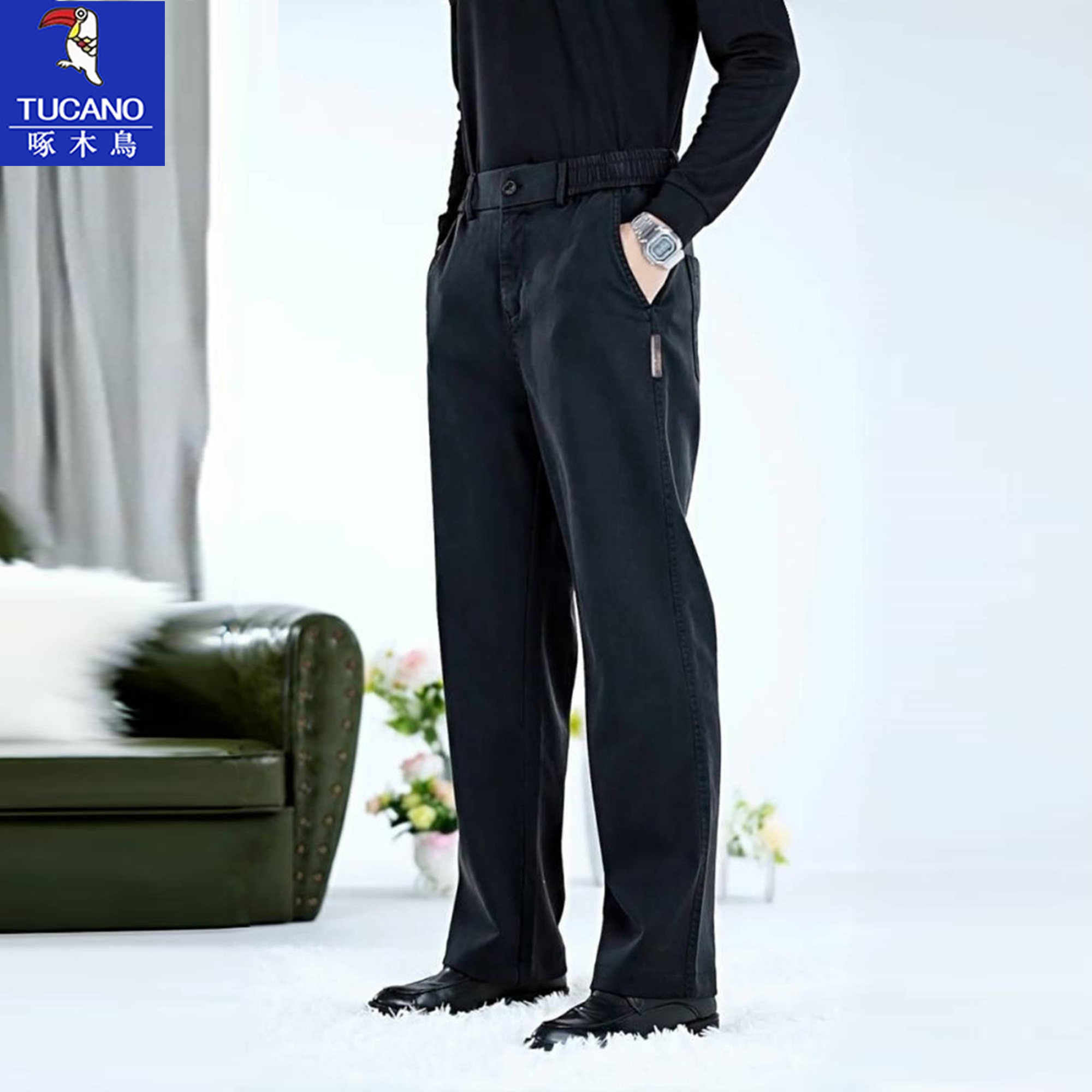 啄木鸟夏季薄款天丝莱赛尔休闲裤男士2025宽松直筒商务黑色西裤子