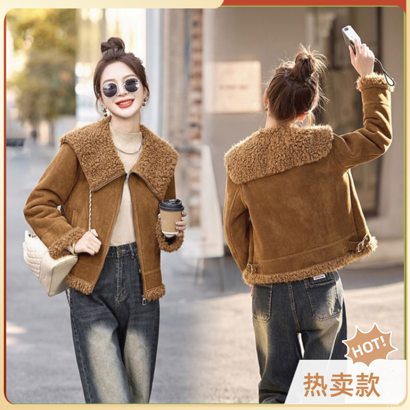 韩版休闲冬季皮毛一体外套洋气时髦加厚保暖机车服百搭夹克上衣