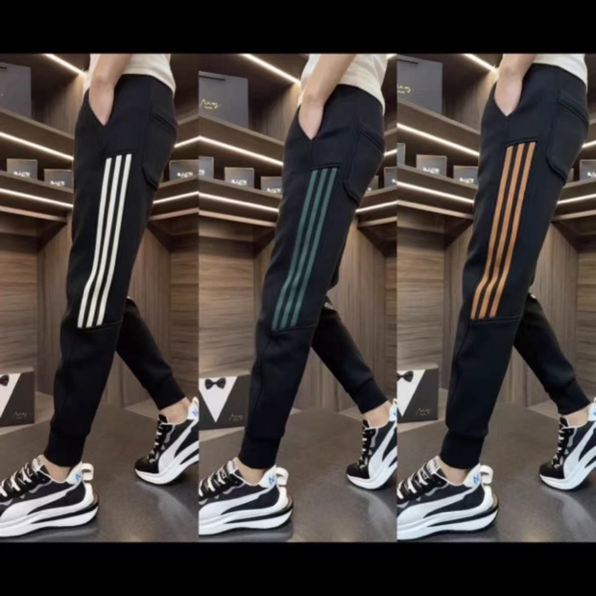 新款男士修身时尚百搭潮流三条杠小脚休闲裤加绒男士网红款卫裤