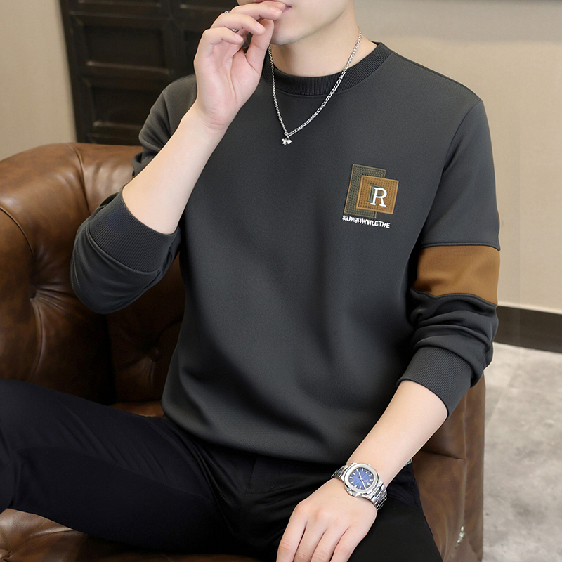 男士秋季新款长袖卫衣潮流字母刺绣休闲内搭打底衫上衣服个性拼接