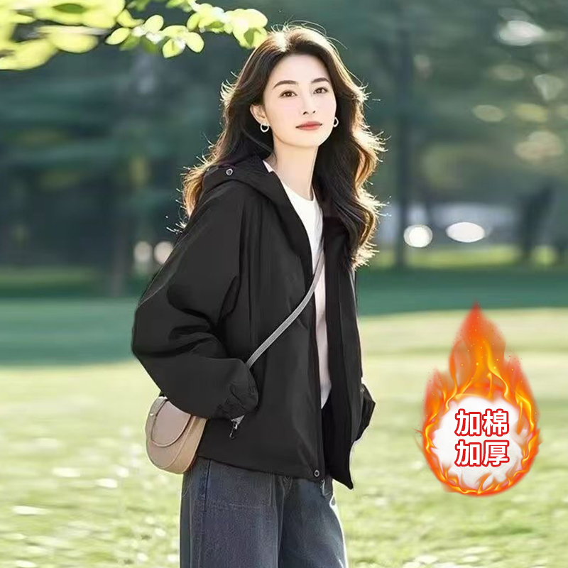 春秋百搭上衣加棉加厚休闲连帽女士时尚宽松长袖韩版短款短外套女
