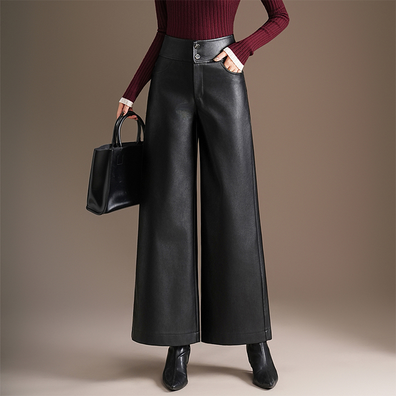 窄版阔腿皮裤女2025秋冬新款高腰垂感显瘦直筒裤百搭PU皮休闲裤子
