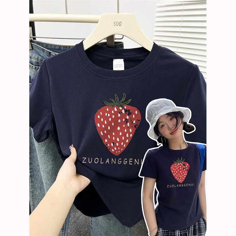 夏季百搭简约可爱草莓修身短袖t恤女小个子休闲减龄高弹力上衣潮