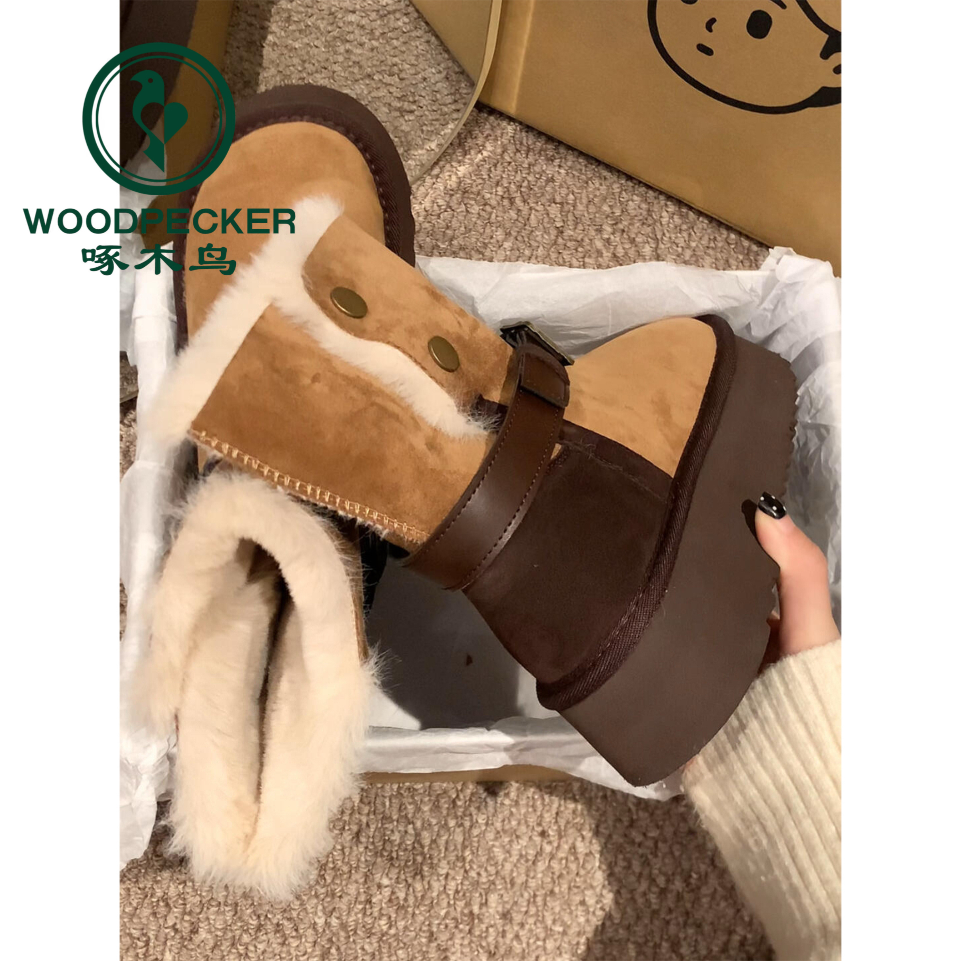 啄木鸟厚底雪地靴女2025冬季新款皮带扣加绒保暖棉鞋复古拼色短靴