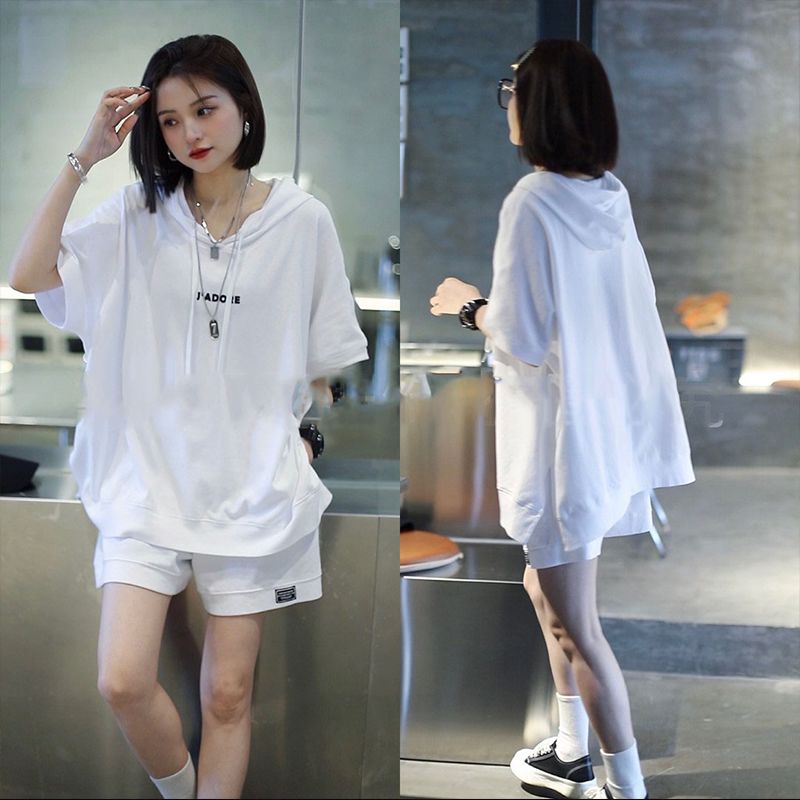 时尚休闲短袖套装女2025夏季新款韩版宽松显瘦连帽卫衣短裤两件套