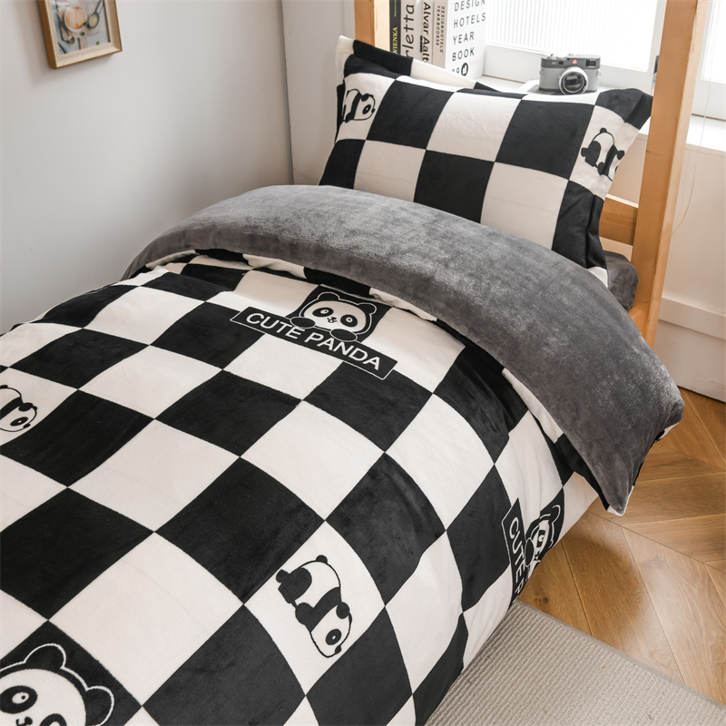 水星高端适用家纺学生床单三件套牛奶绒法兰绒宿舍单人床棋盘格被