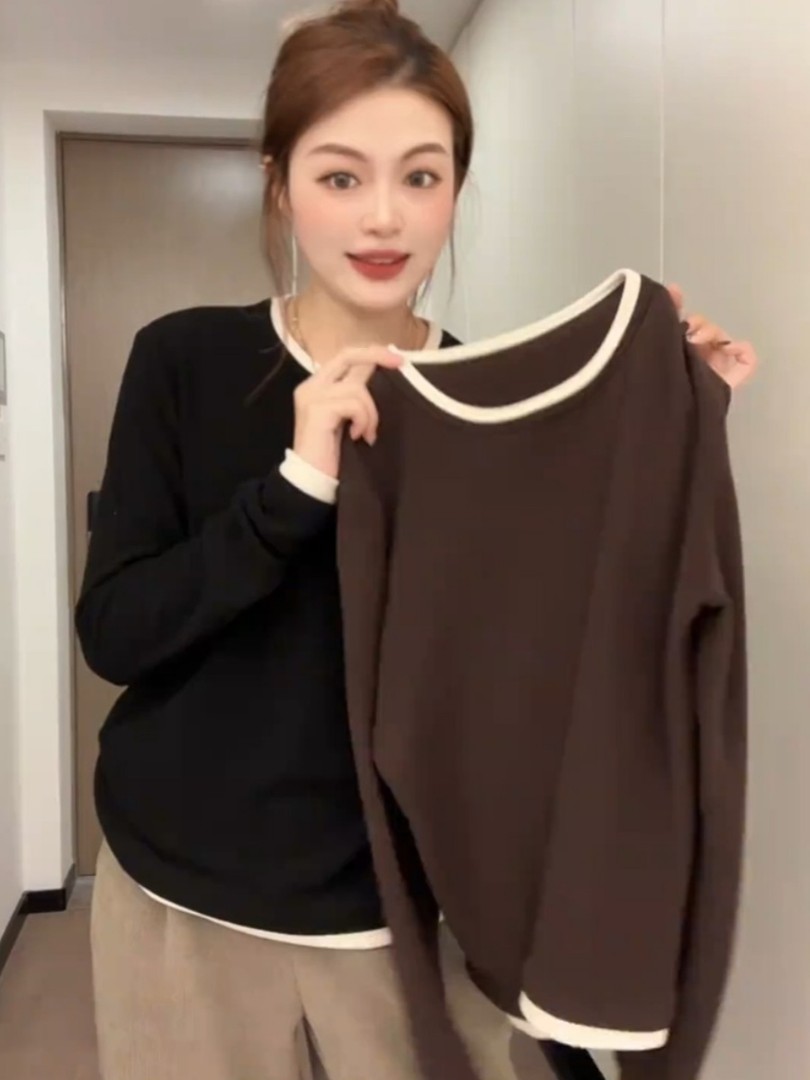 秋冬休闲双面加厚磨毛拼色打底胖MM显瘦遮肚长袖T恤大码上衣藏肉