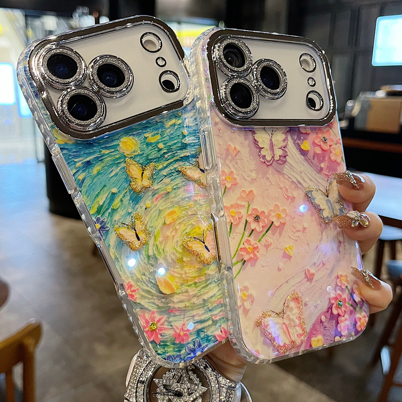 适用苹果系列iPhone17新手机壳蓝光滴胶紫色花朵蝴蝶全包闪粉镜框