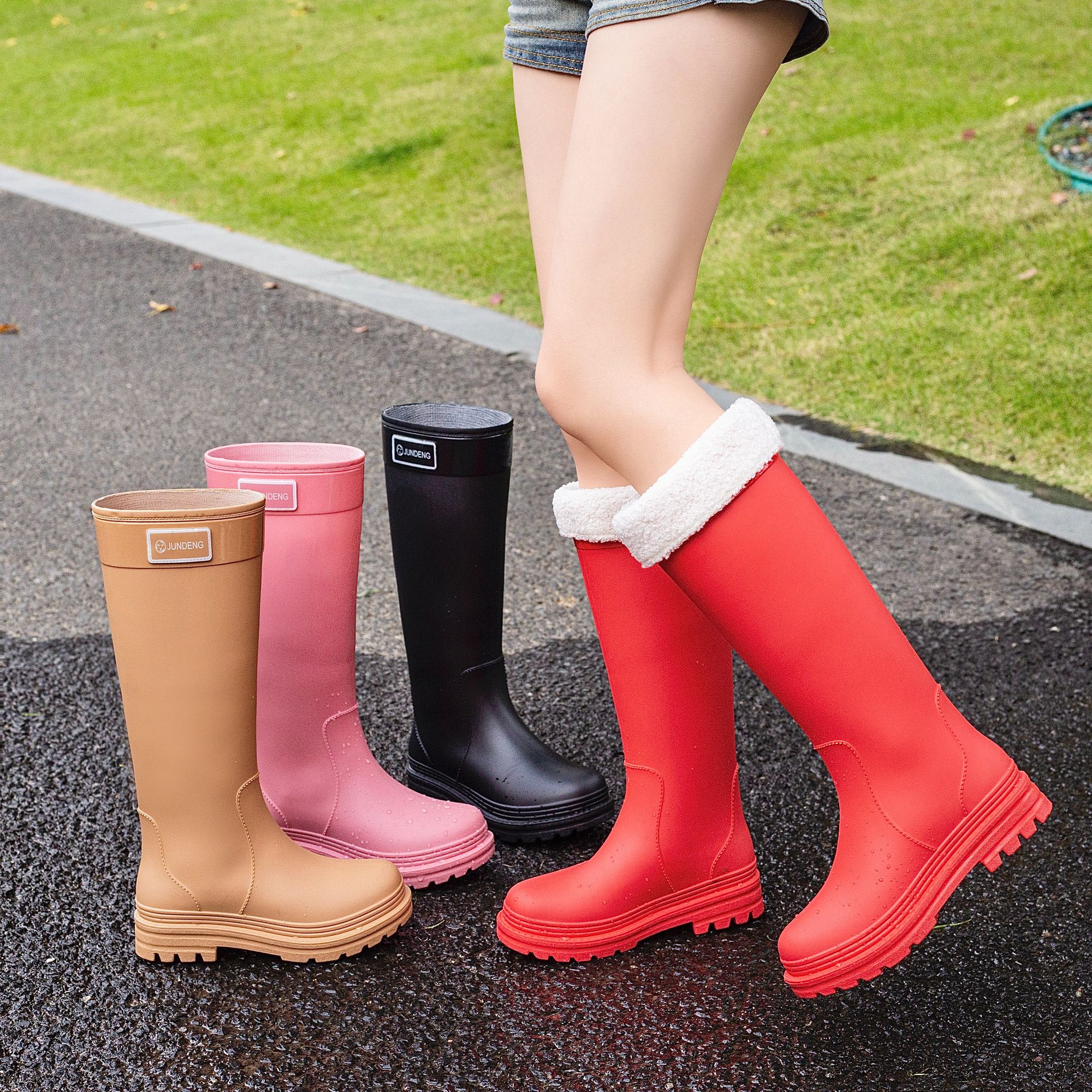 登山户外丛林防水雨鞋雨靴女高筒过膝38cm成人时尚胶鞋加绒保暖冬