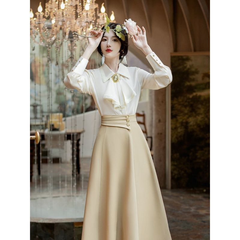 哥弟阿玛施正品法式复古雪纺衬衫上衣半身裙女职业套装2024早春气