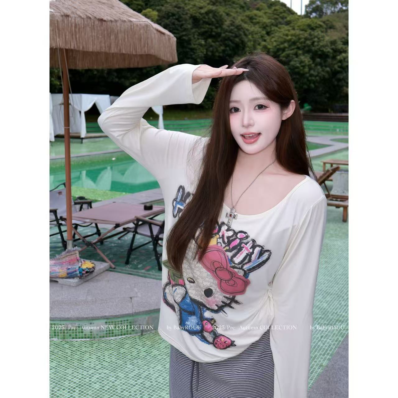 【慵懒主义】温与柔亲肤弹力针织Kitty猫印花长袖百搭显瘦鱼尾半裙