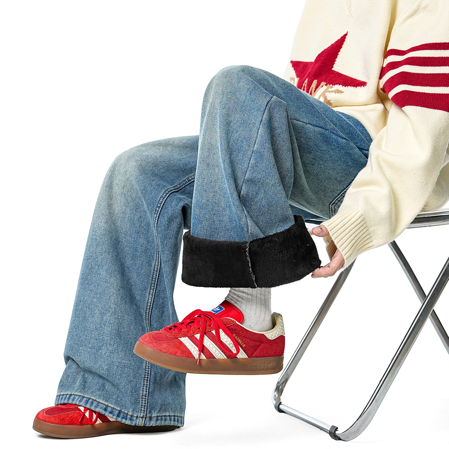 cuwu美式复古水洗加绒牛仔裤女男冬季宽松加厚保暖直筒阔腿长裤子