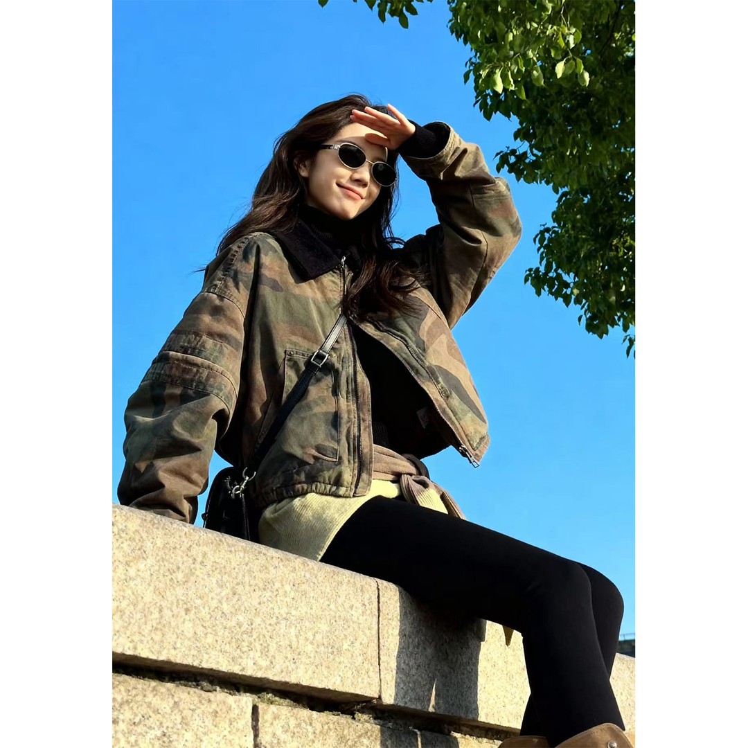 2026冬季小个子百搭撞色翻领短款棉服迷彩派克服流行复古夹克外套