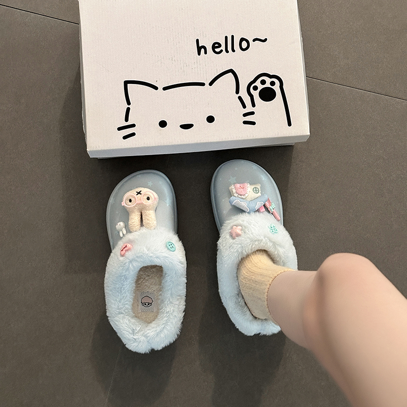 印花卡通兔子毛绒保暖拖鞋女2025新款外穿厚底懒人鞋秋冬保暖拖鞋