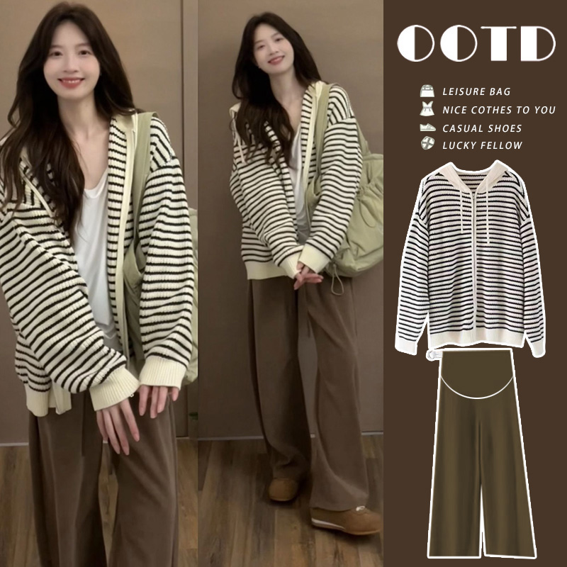 孕妇装新款宽松连帽chic港风上衣慵懒条纹开衫搭配托腹阔腿裤套装