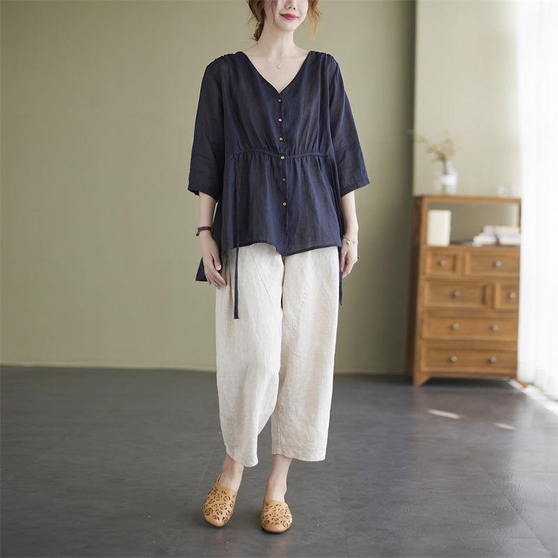 夏季新款宽松大码女装洋气短袖上衣九分裤子中年妈妈套装两件套