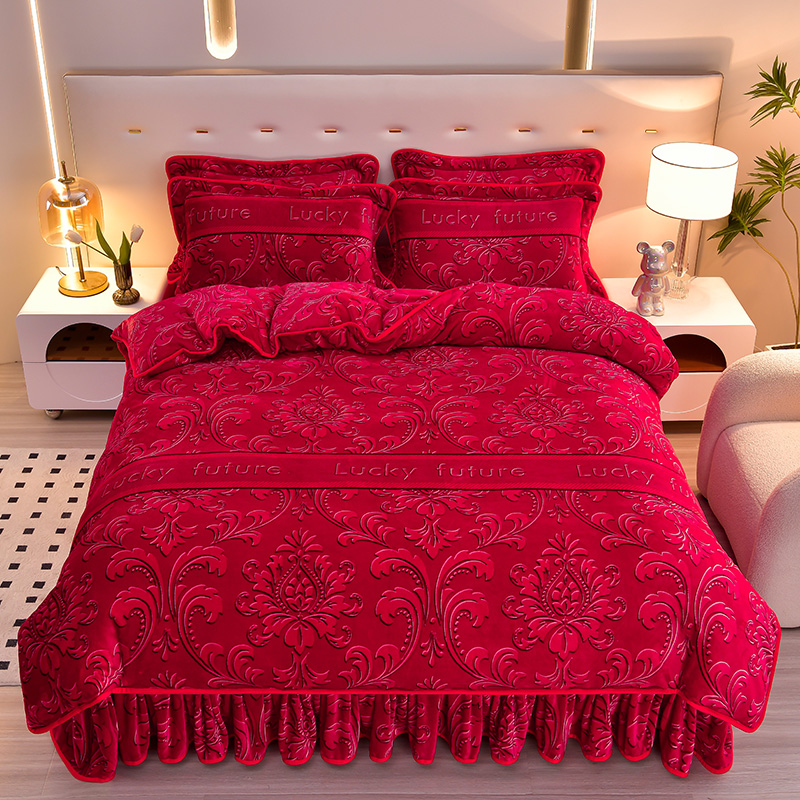 新款牛奶绒四件套8-9斤秋冬季加厚保暖双面绒床裙款家纺床上用品