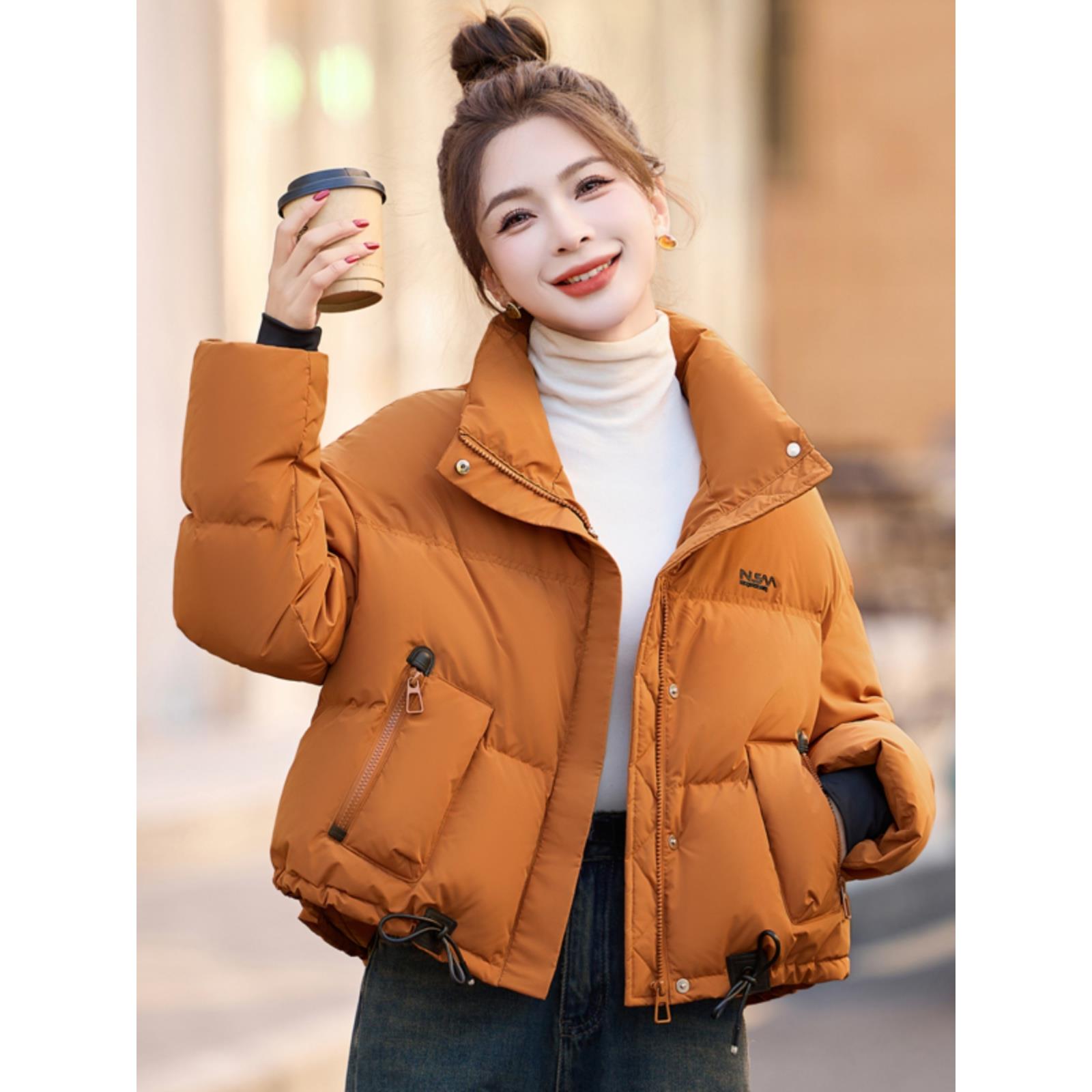 鹭枕LUZHEN南瓜色羽绒服女短款冬季2025新款小个子面包服新