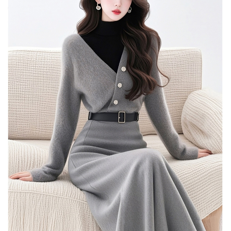 秋冬针织套装显瘦气质洋气长袖长裙加厚女装 2025年冬季灰色假两