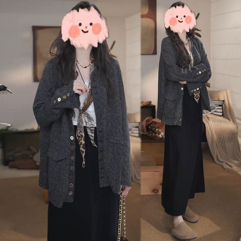 设计显瘦气质深灰色薄外套女士早秋装新款松紧腰弹力小黑裙两件套