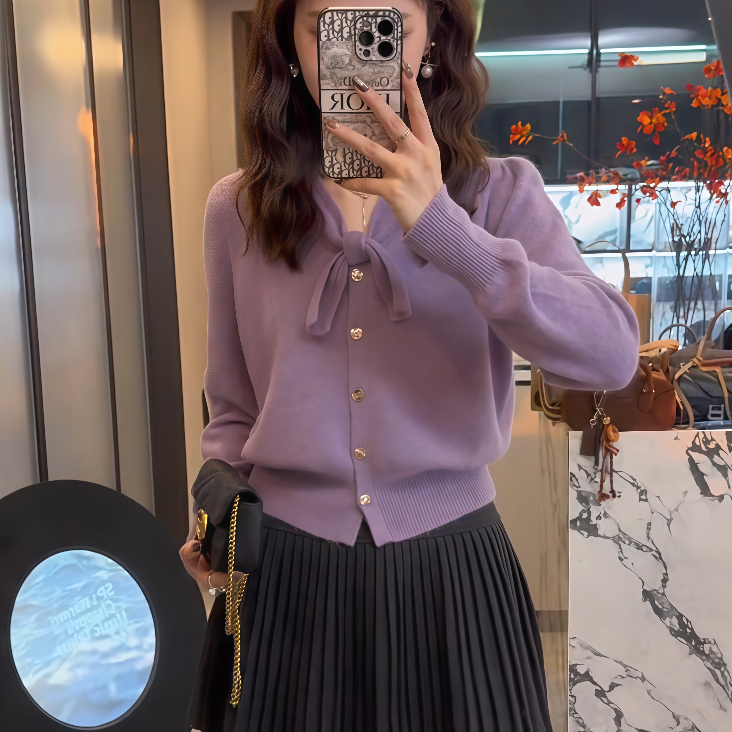 小香风系带毛衣女设计感气质减龄紫色开衫薄款ins外搭春秋针织衫