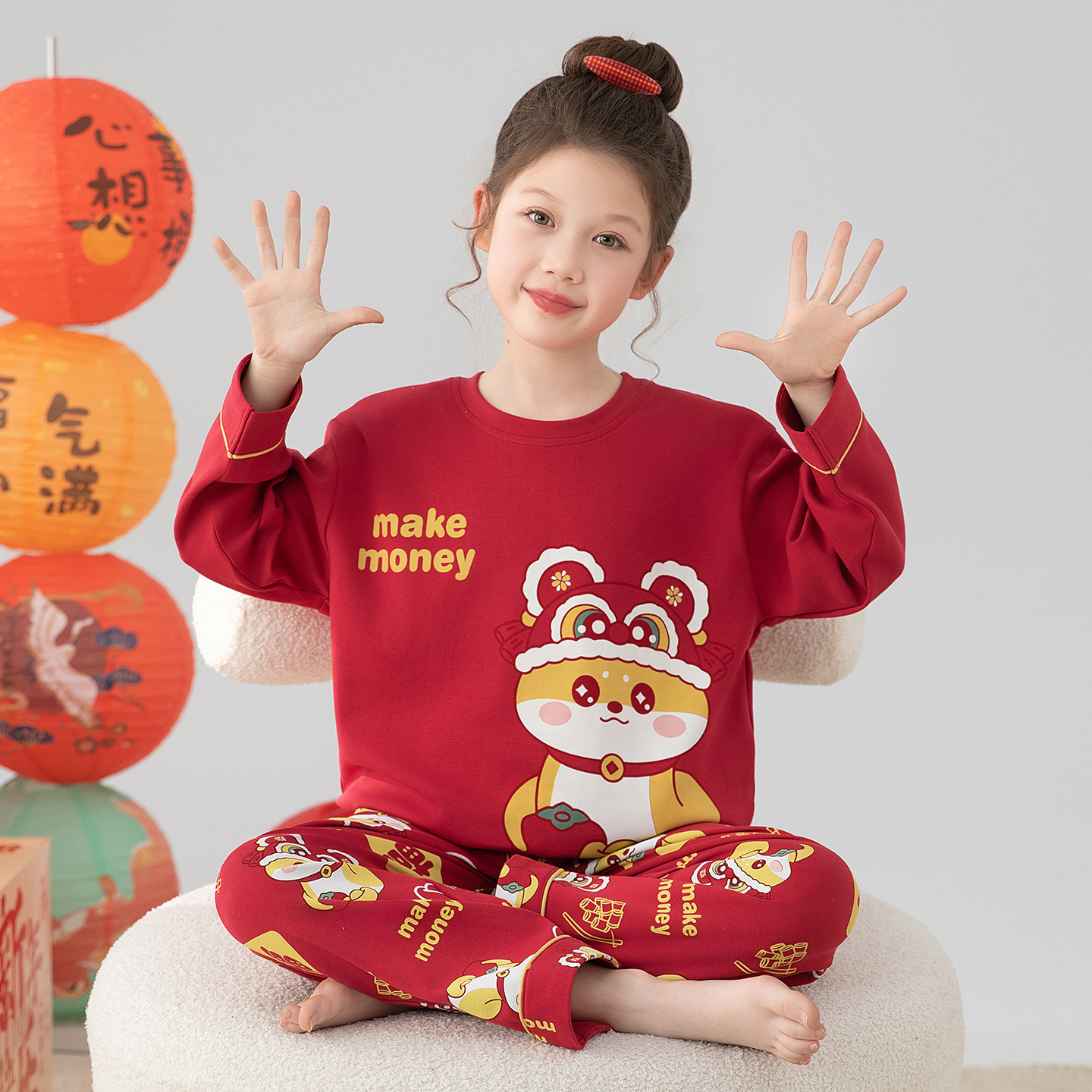睡衣女孩春秋冬长袖纯棉本命年2026新款大红色喜庆女童家居服套装