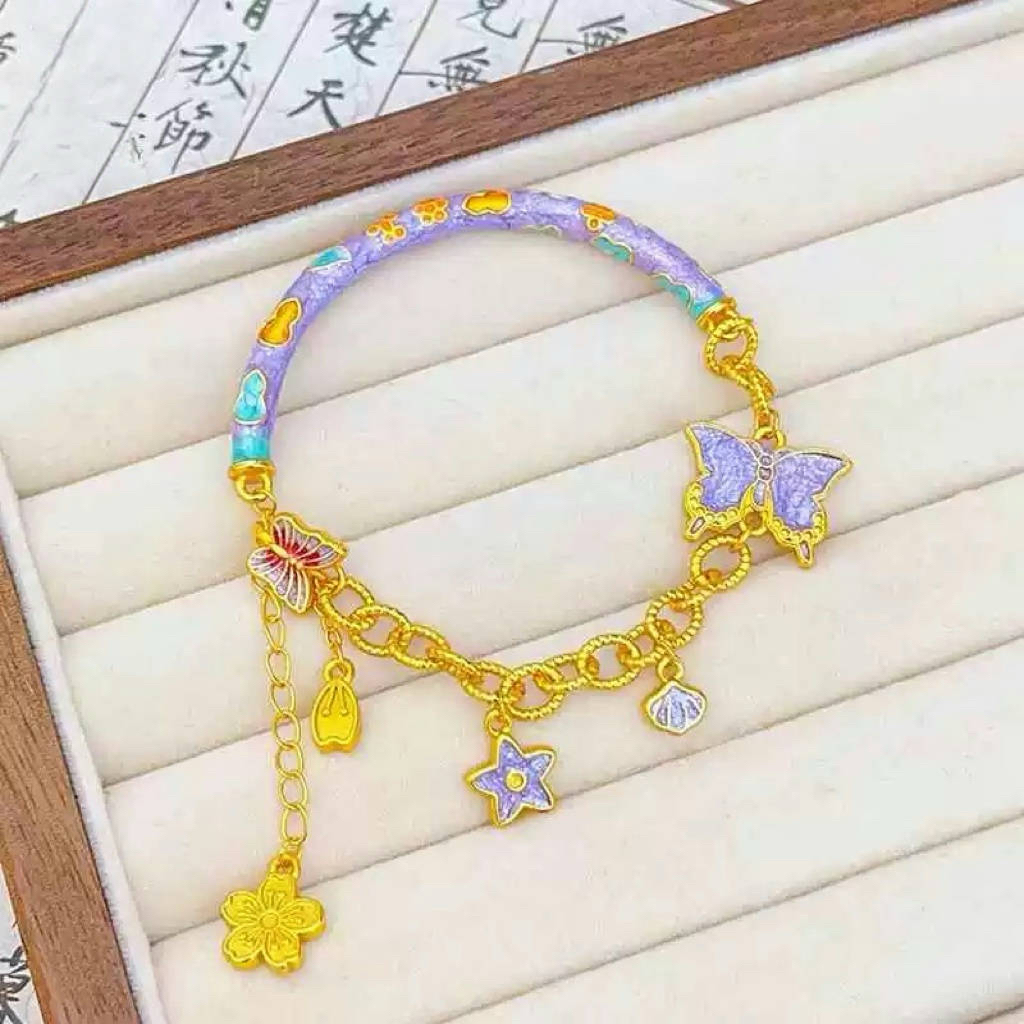 铜合金手镯 【珐琅彩紫韵蝴蝶流苏半镯】彩色手工百搭原创蓝紫渐变