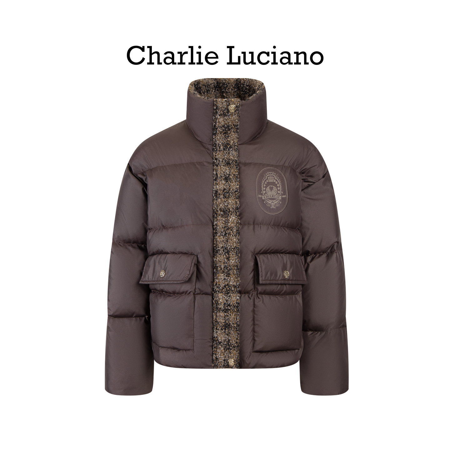 Charlie Luciano拼粗花呢工装羽绒夹克冬季新款加厚保暖羽绒服