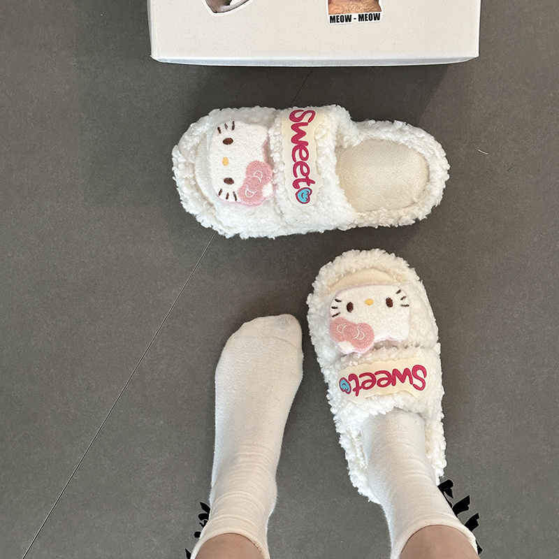 可爱卡通贴布小猫毛毛拖鞋女外穿2025秋冬新款甜美厚底一字带拖鞋