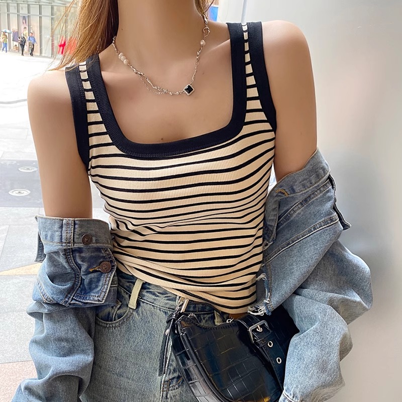 条纹吊带小背心女内搭2025新款打底辣妹方领无袖上衣外穿夏季